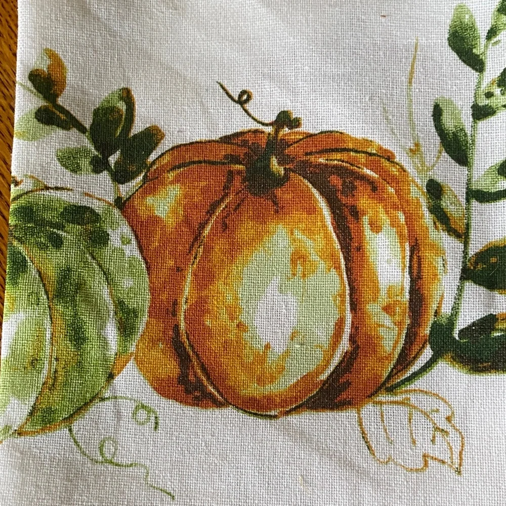 Kitchen Pumpkin Print Cotton Tea Towel - White with Orange & Green Pumpkins